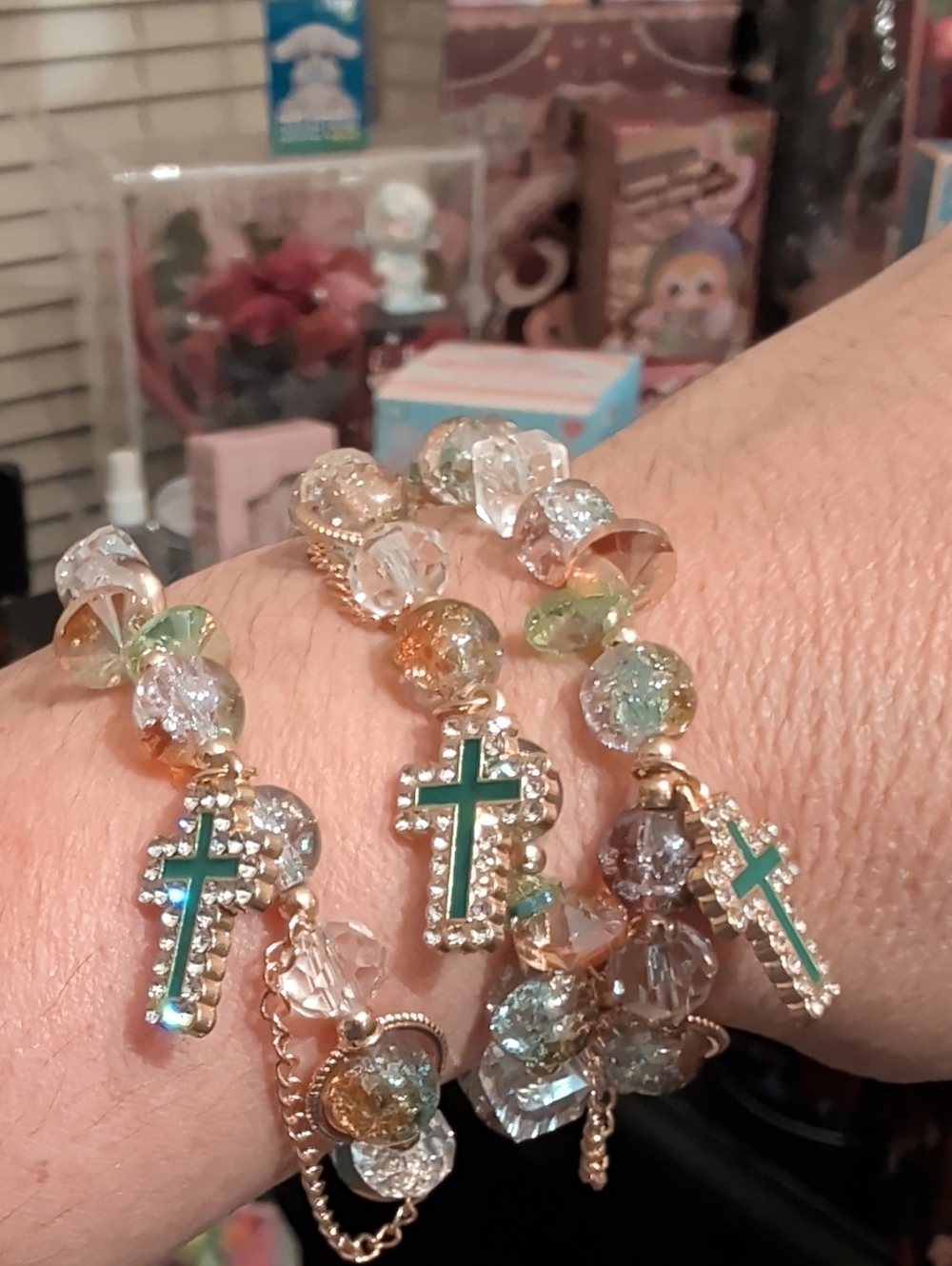 3 Gold-Tone Green Cross Beaded Stretch Bracelet - Women Jewelry
